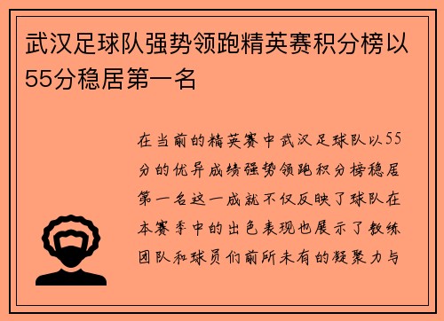 武汉足球队强势领跑精英赛积分榜以55分稳居第一名