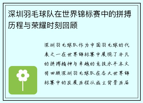 深圳羽毛球队在世界锦标赛中的拼搏历程与荣耀时刻回顾